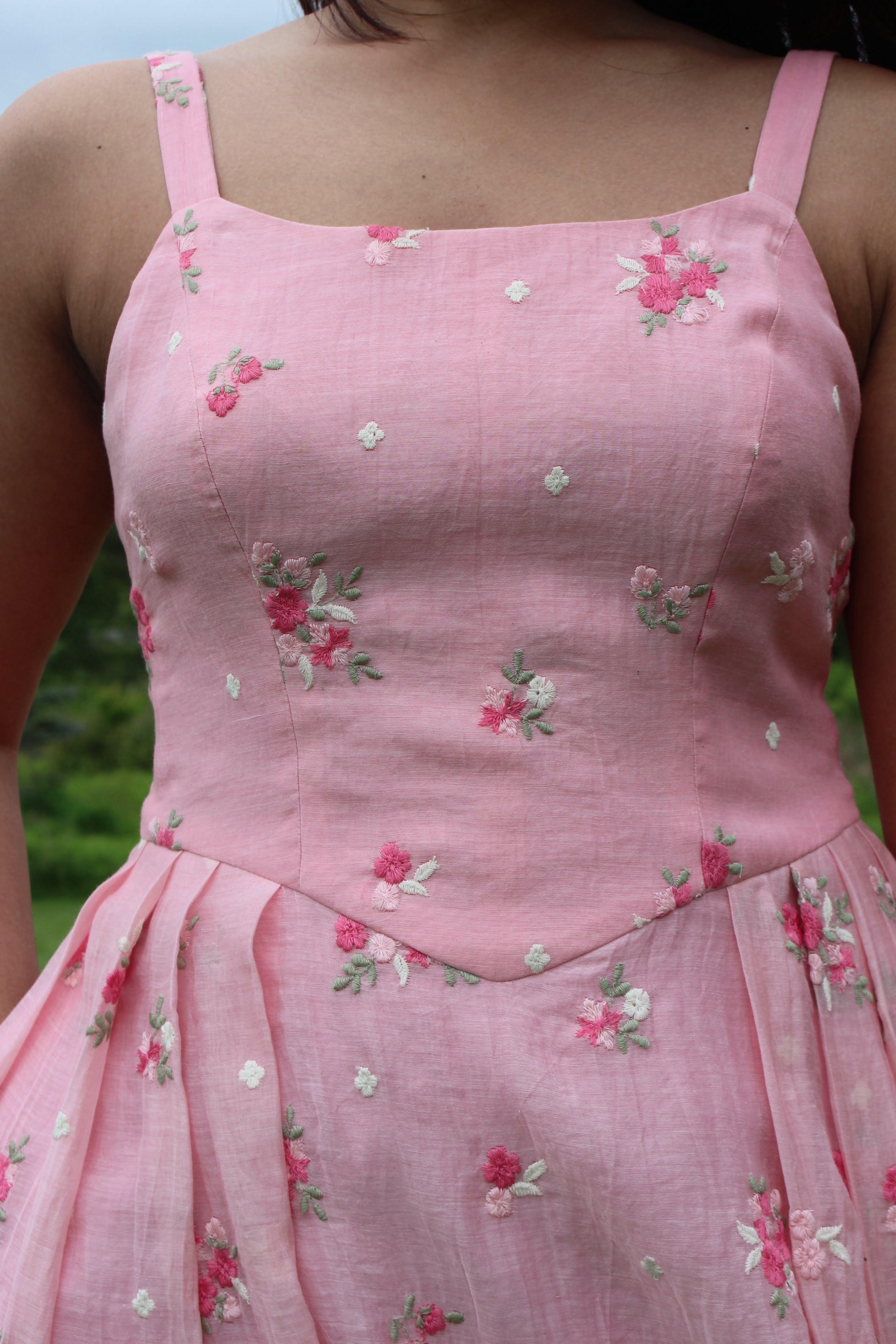Embroidered Pure Chanderi Drop Waist Midi Dress