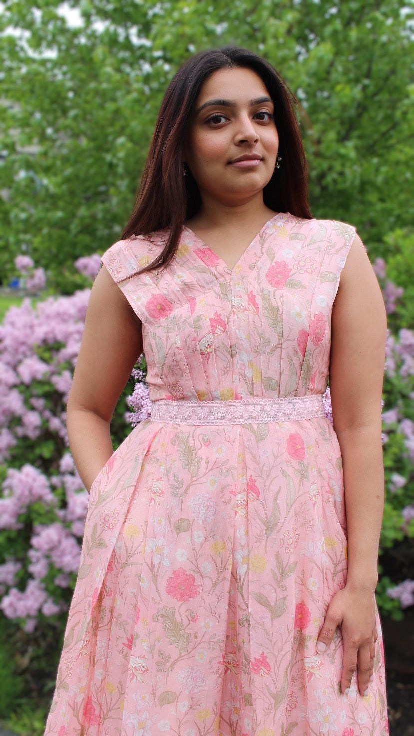 Pure Chanderi Silk Midi Dress with Lace Belt