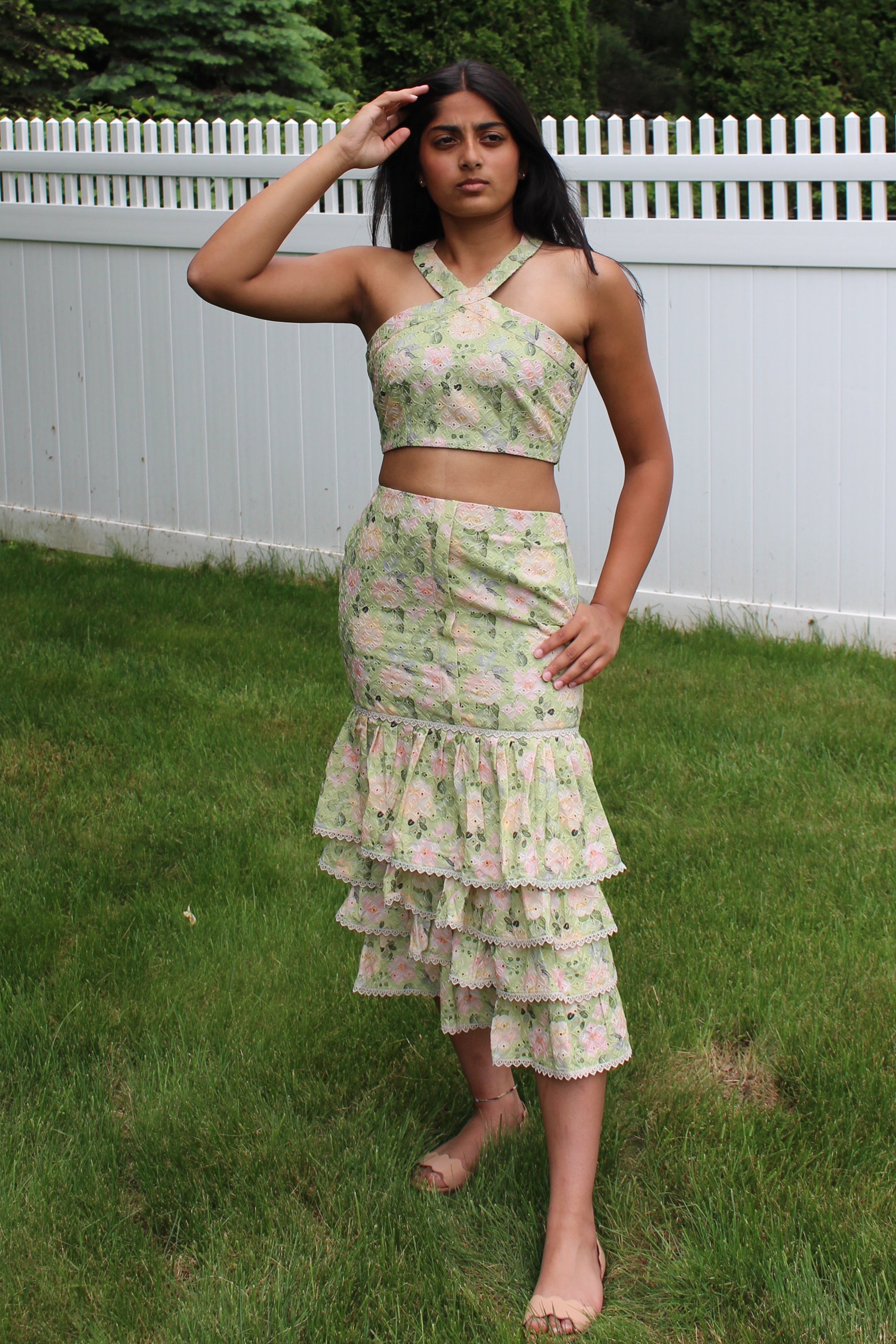 Hakoba Cotton Halter Crop and Layered Skirt Set