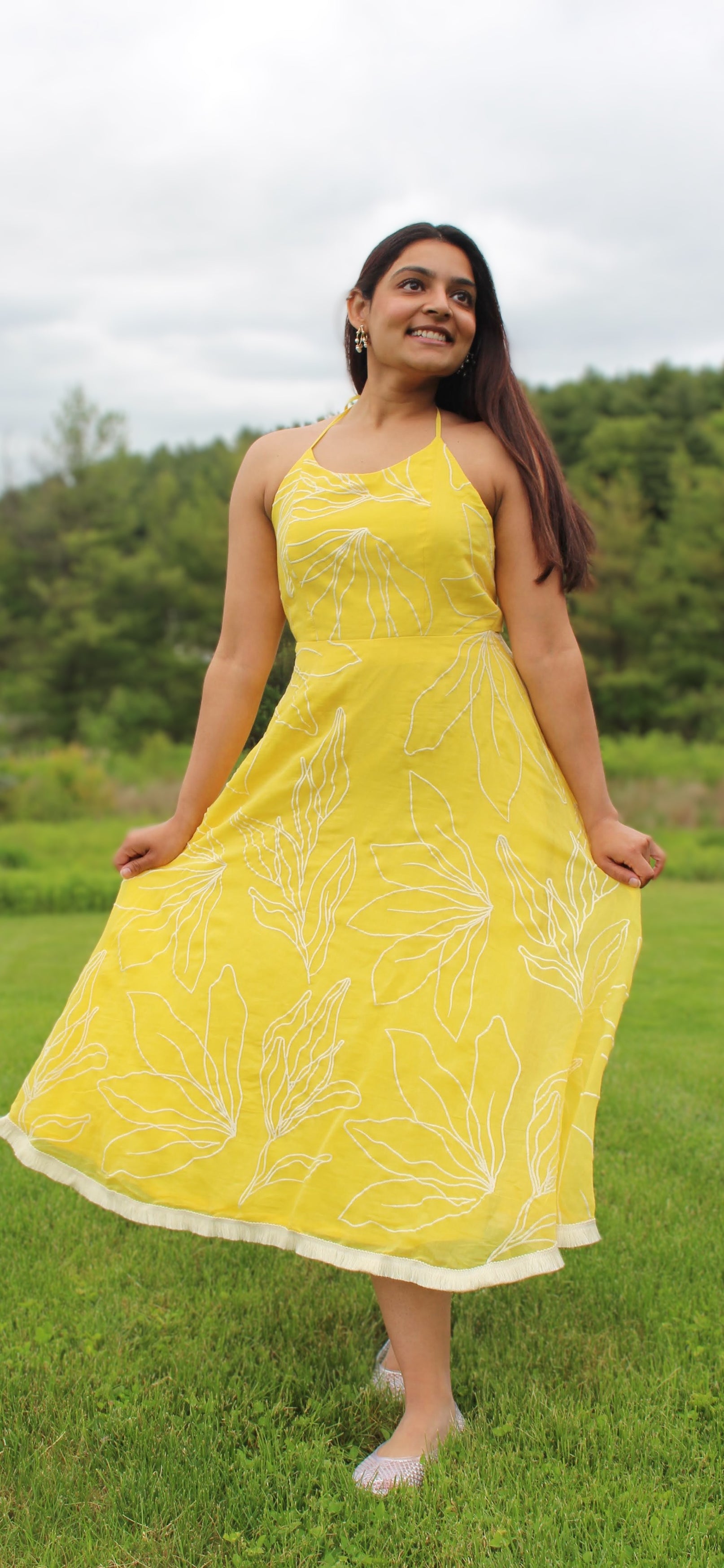 Yellow Embroidered Chanderi Midi Dress