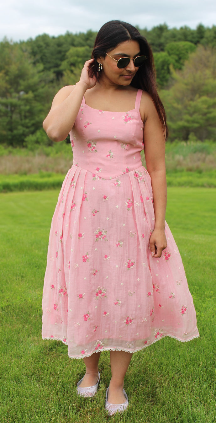 Embroidered Pure Chanderi Drop Waist Midi Dress