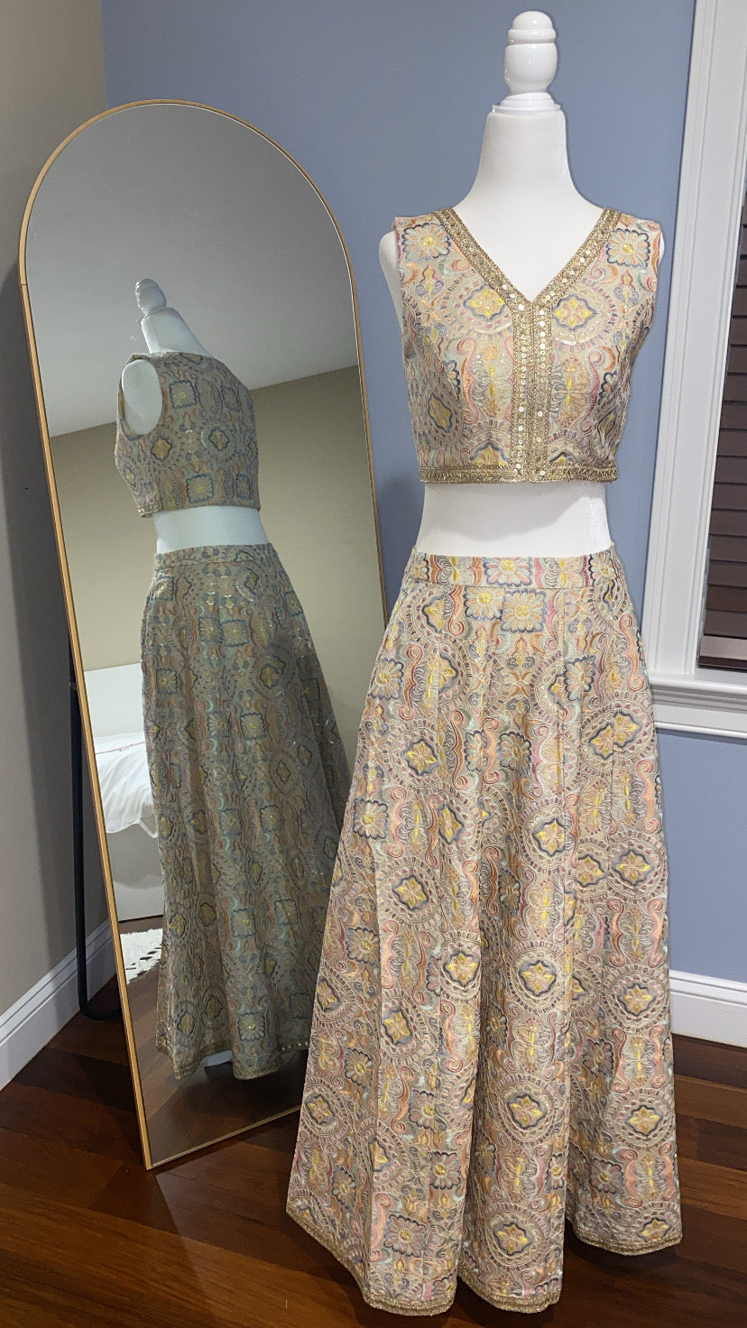 Pure Embroidered Tissue Crop and Bottom Set