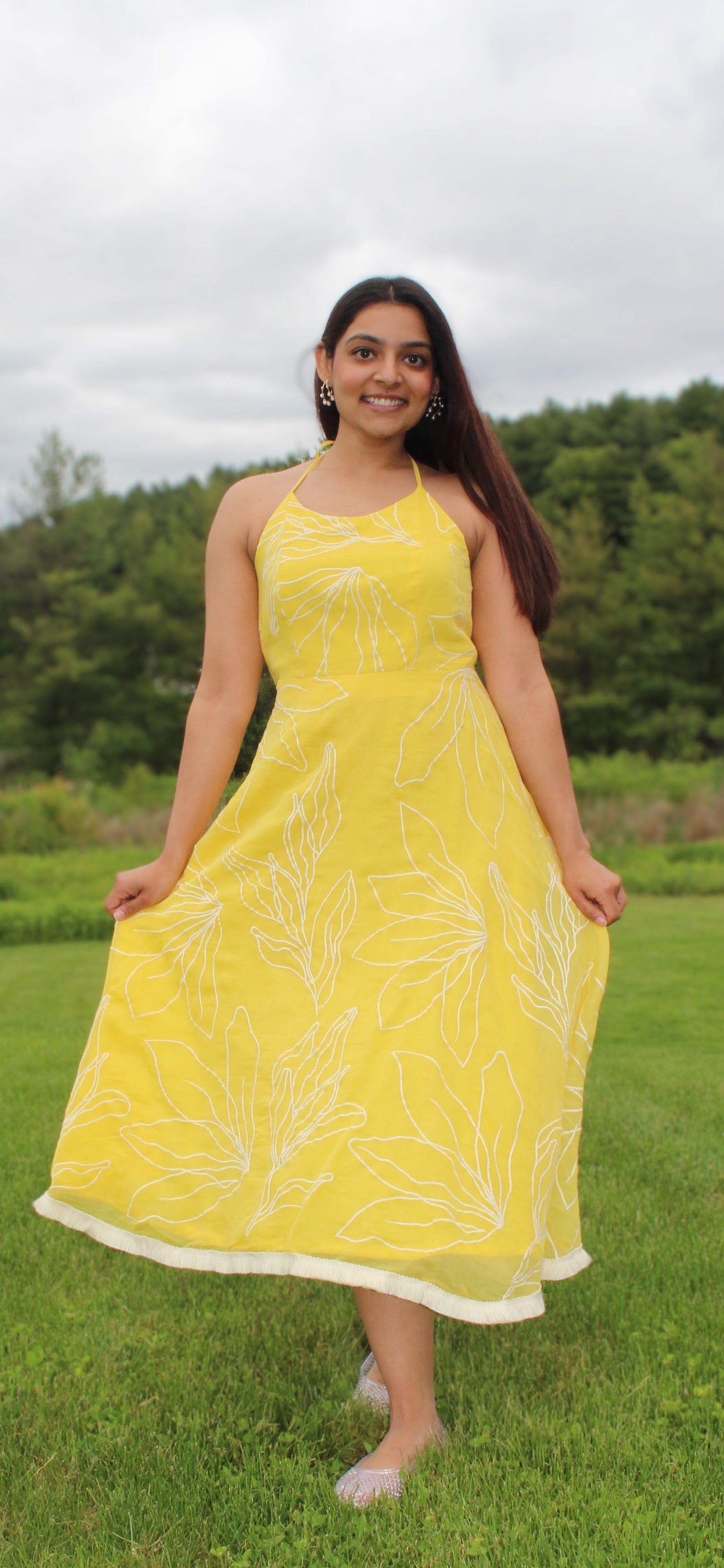 Yellow Embroidered Chanderi Midi Dress