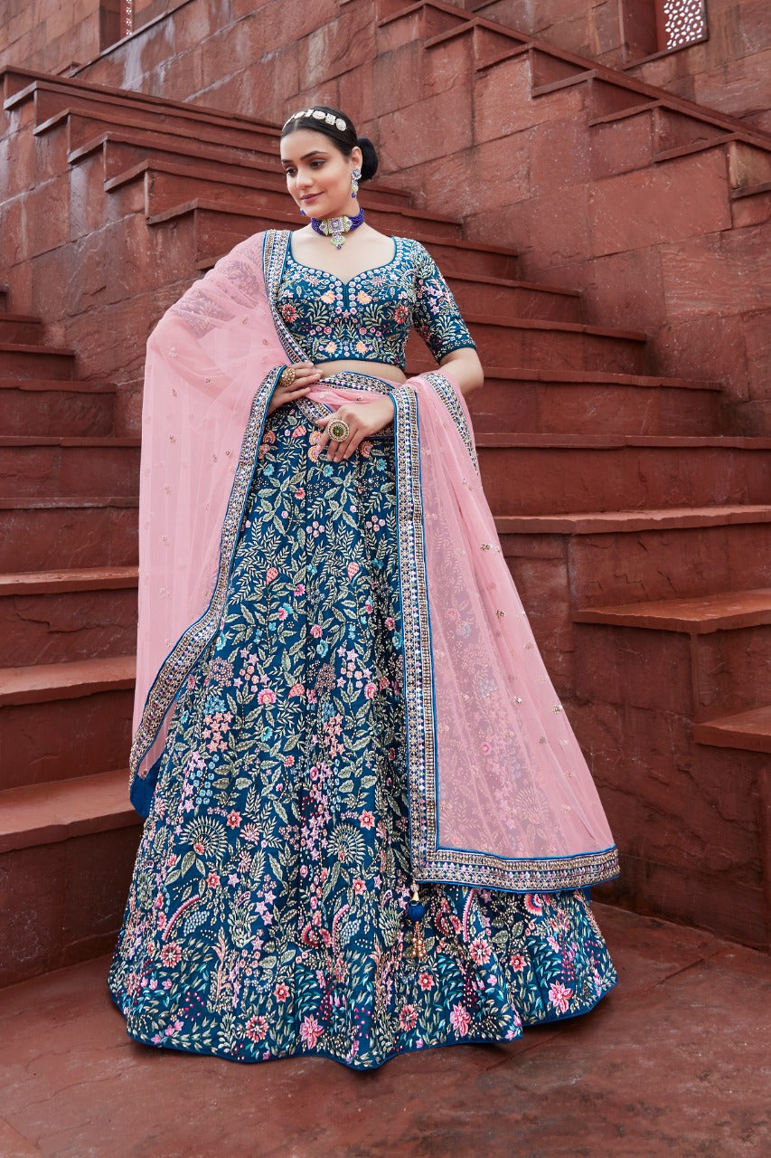 Buy Indian Pink & Blue & Navy Blue & Royal Blue & Pista Color Ceremonial  Occasion Bridal Lehenga at Wholesale Price - Kloth Trend